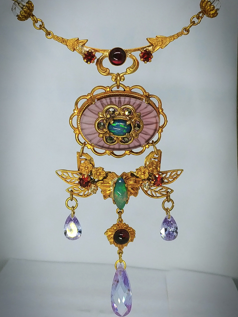 RTS - Art Nouveau style, Genuine Opal & Gemstone, vintage purple camphor glass necklace - Costume 6