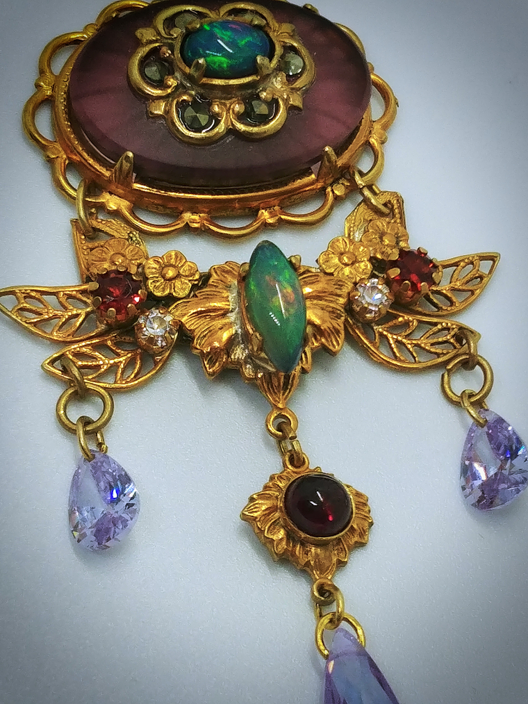 RTS - Art Nouveau style, Genuine Opal & Gemstone, vintage purple camphor glass necklace - Costume 8