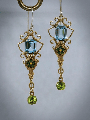 Victorian inspired, 5ct Genuine Sky blue topaz, peridot & Glass enamel earrings
