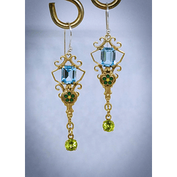 Victorian inspired, 5ct Genuine Sky blue topaz, peridot & Glass enamel earrings