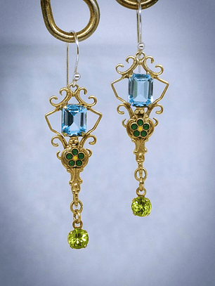 Victorian inspired, 5ct Genuine Sky blue topaz, peridot & Glass enamel earrings