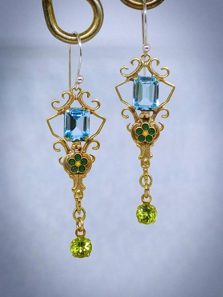 CJ - Victorian inspired, 5ct Genuine Sky blue topaz, peridot & Glass enamel earrings 1
