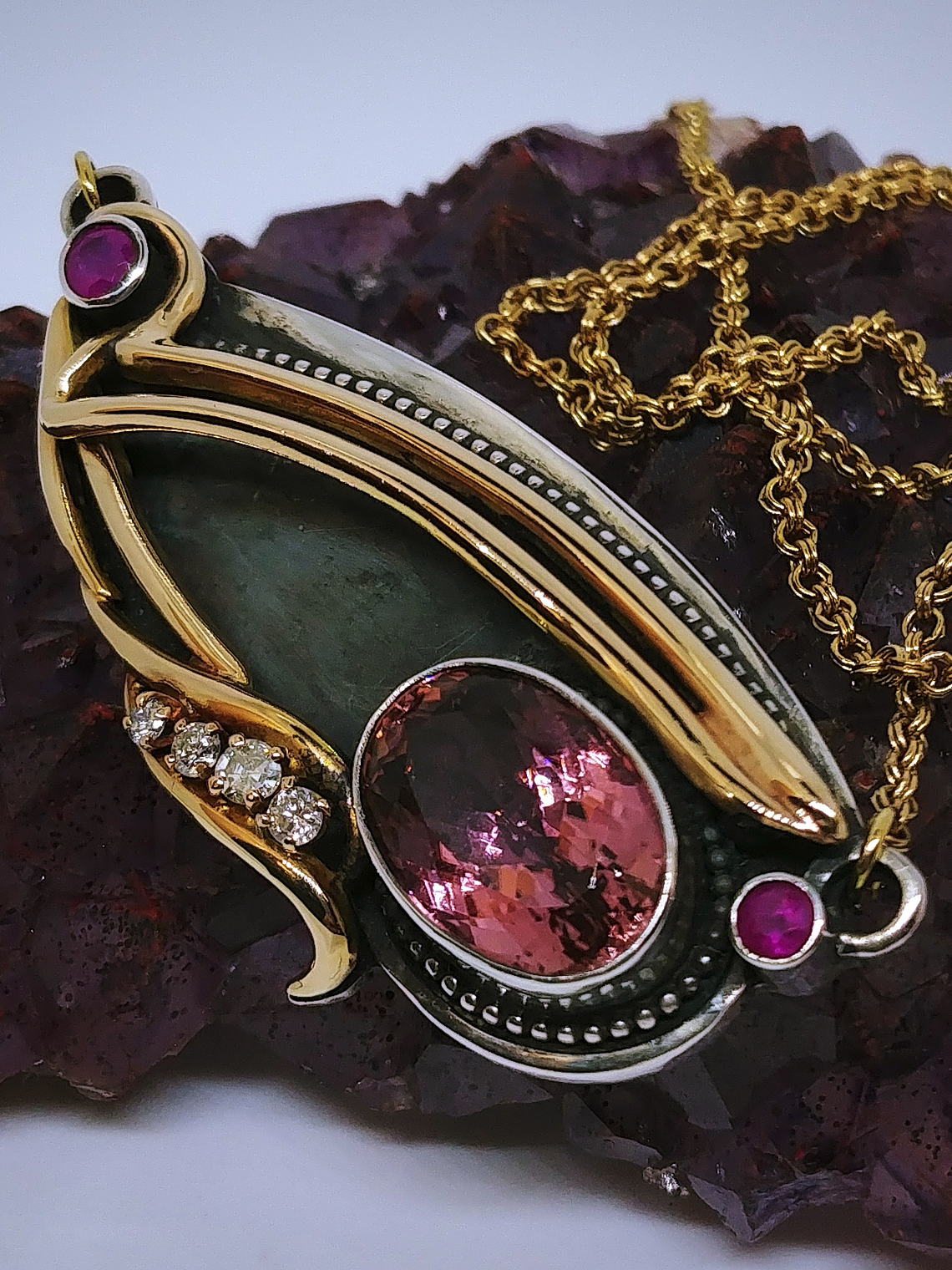 RTS - 14k - Eye of Horus, 7.2ct Pink tourmaline, ruby and diamond necklace - Video⏯ 2