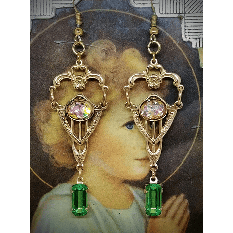 CJ - 4tcw ☢ Art Deco inspired, glass opal and UG glass earrings - Costume 👑