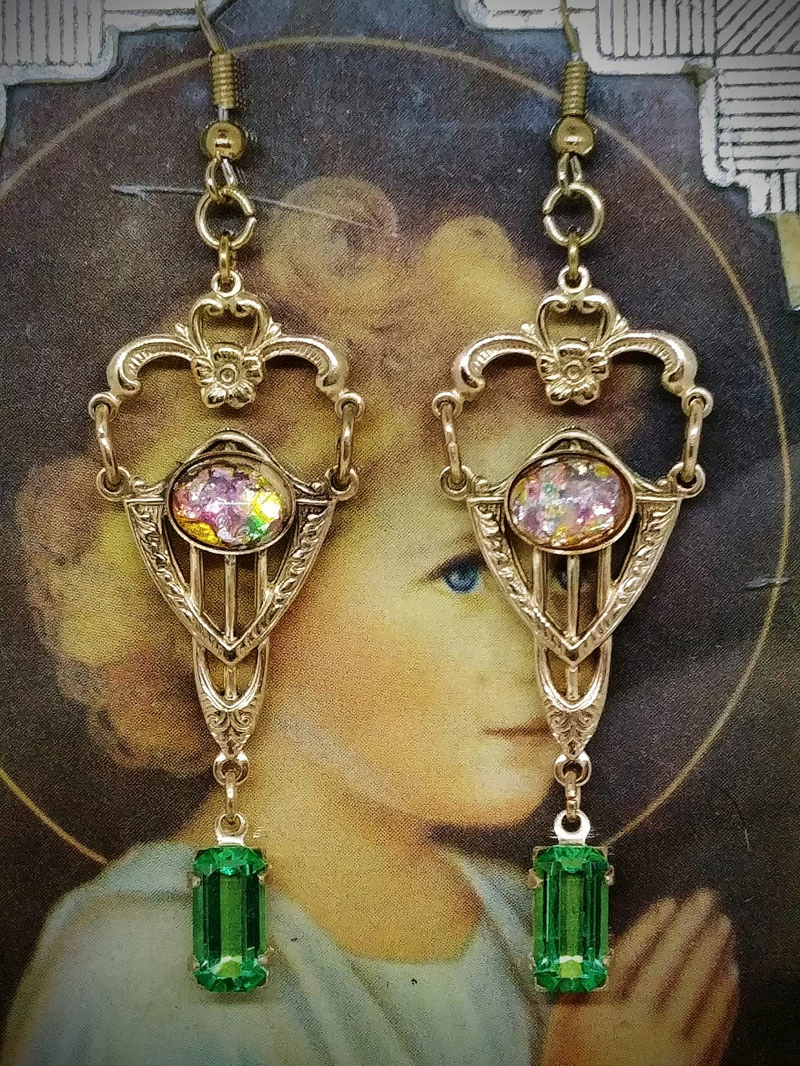 RTS ☢ Art Deco inspired, glass opal and UG glass earrings - Costume 4
