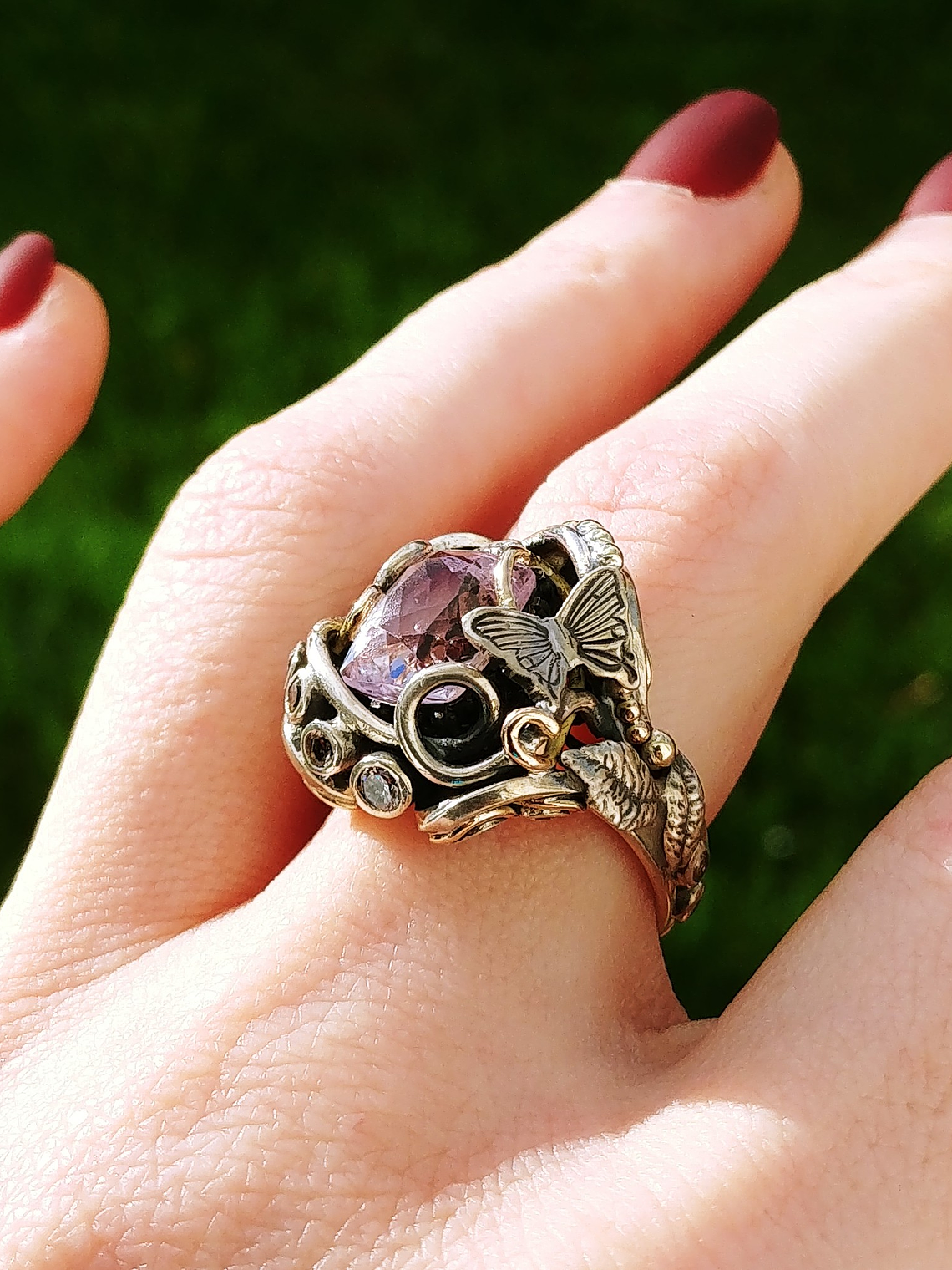 RTS - Sz 8.5 Kunzite sterling and gold Butterfly ring, Sterling & 14k - Video ⏯ 10