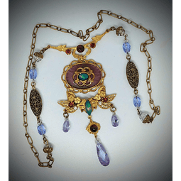 CJ - Art Nouveau style, Genuine Opal & Gemstone, vintage purple camphor glass necklace