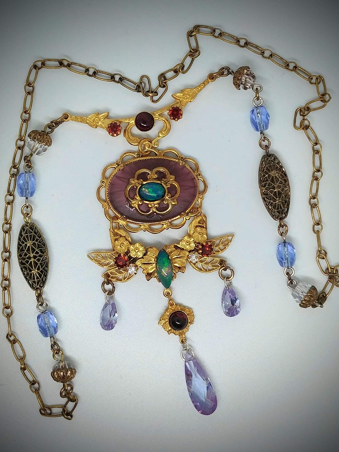 RTS - Art Nouveau style, Genuine Opal & Gemstone, vintage purple camphor glass necklace - Costume 1
