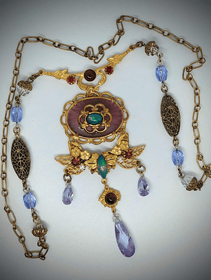 Art Nouveau style, Genuine Opal & Gemstone, vintage purple camphor glass necklace