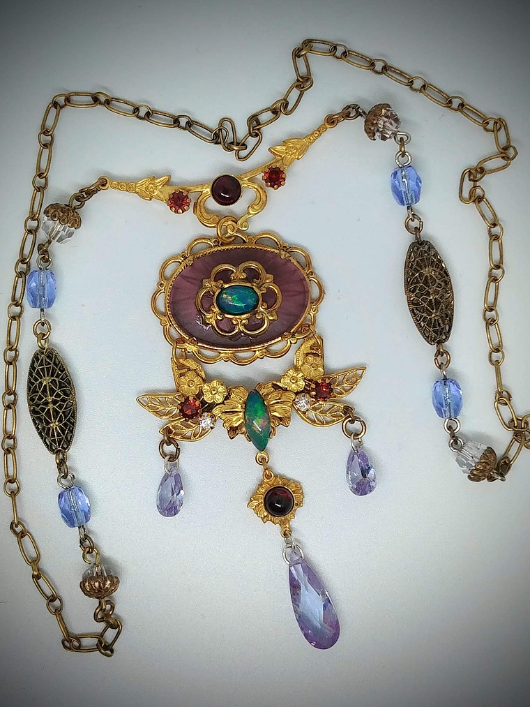 RTS - Art Nouveau style, Genuine Opal & Gemstone, vintage purple camphor glass necklace - Costume 1