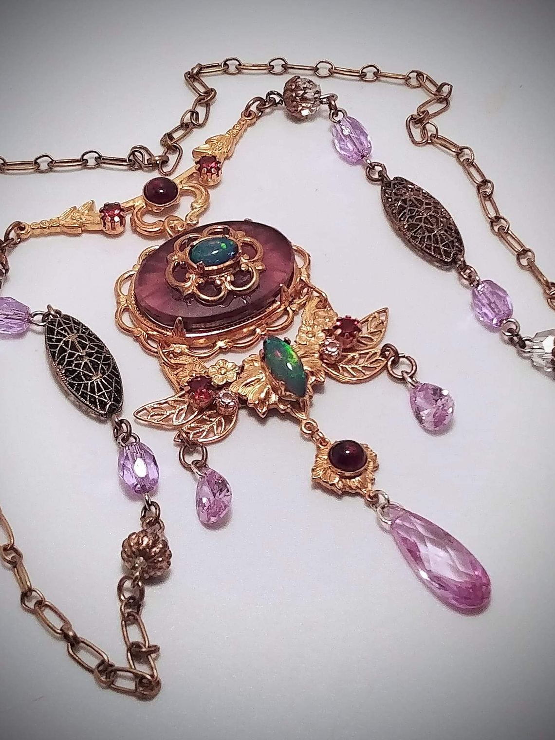 RTS - Art Nouveau style, Genuine Opal & Gemstone, vintage purple camphor glass necklace - Costume 2