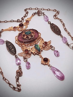 Art Nouveau style, Genuine Opal & Gemstone, vintage purple camphor glass necklace