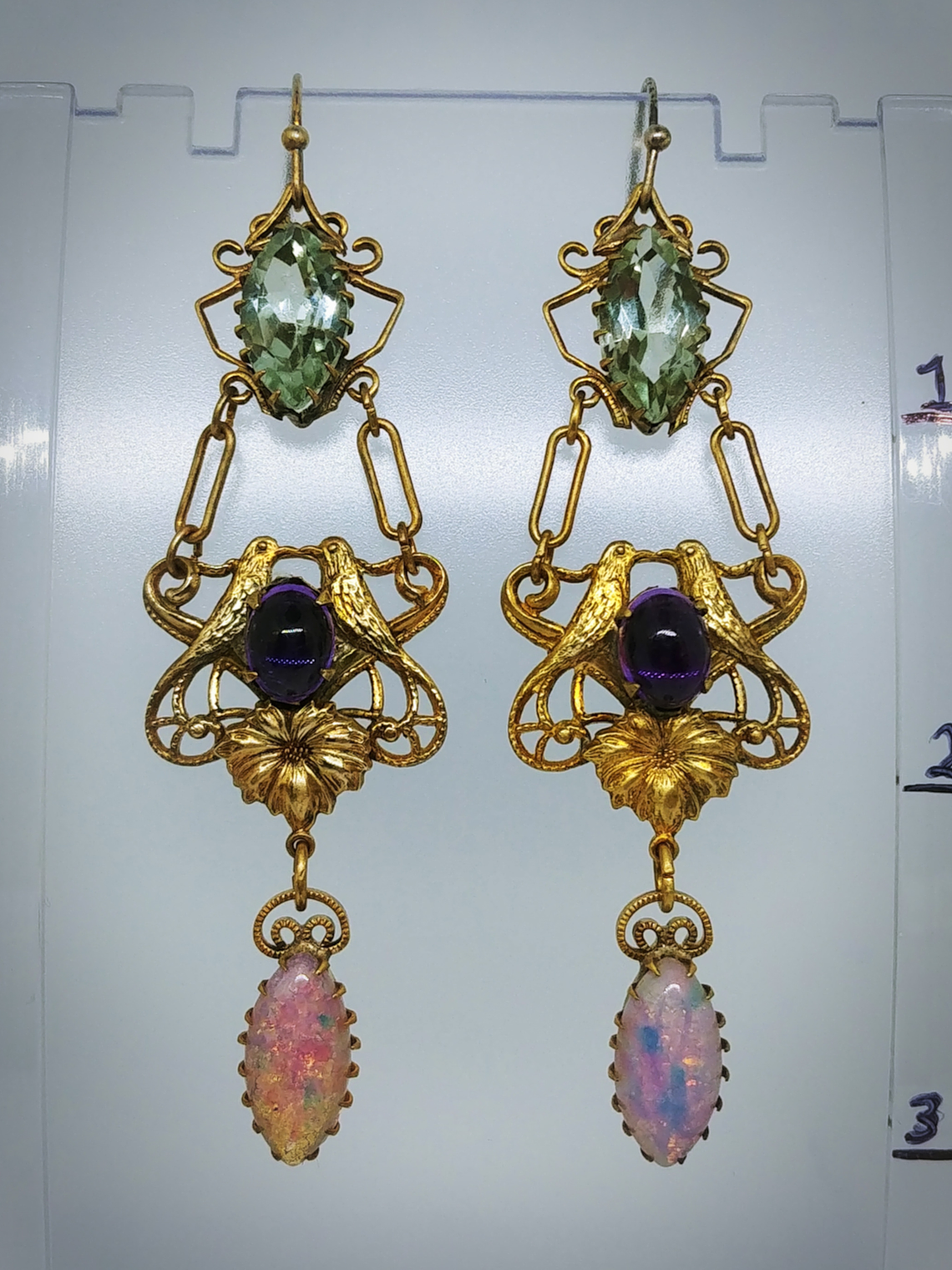 RTS - Victorian inspired lovebirds with Genuine amethyst, prasiolite and glass opal earrings - Costume 3