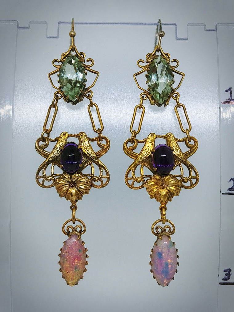 RTS - Victorian inspired lovebirds with Genuine amethyst, prasiolite and glass opal earrings - Costume 3