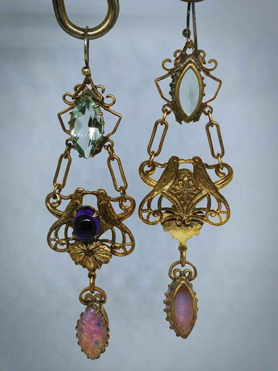 RTS - Victorian inspired lovebirds with Genuine amethyst, prasiolite and glass opal earrings - Costume 4