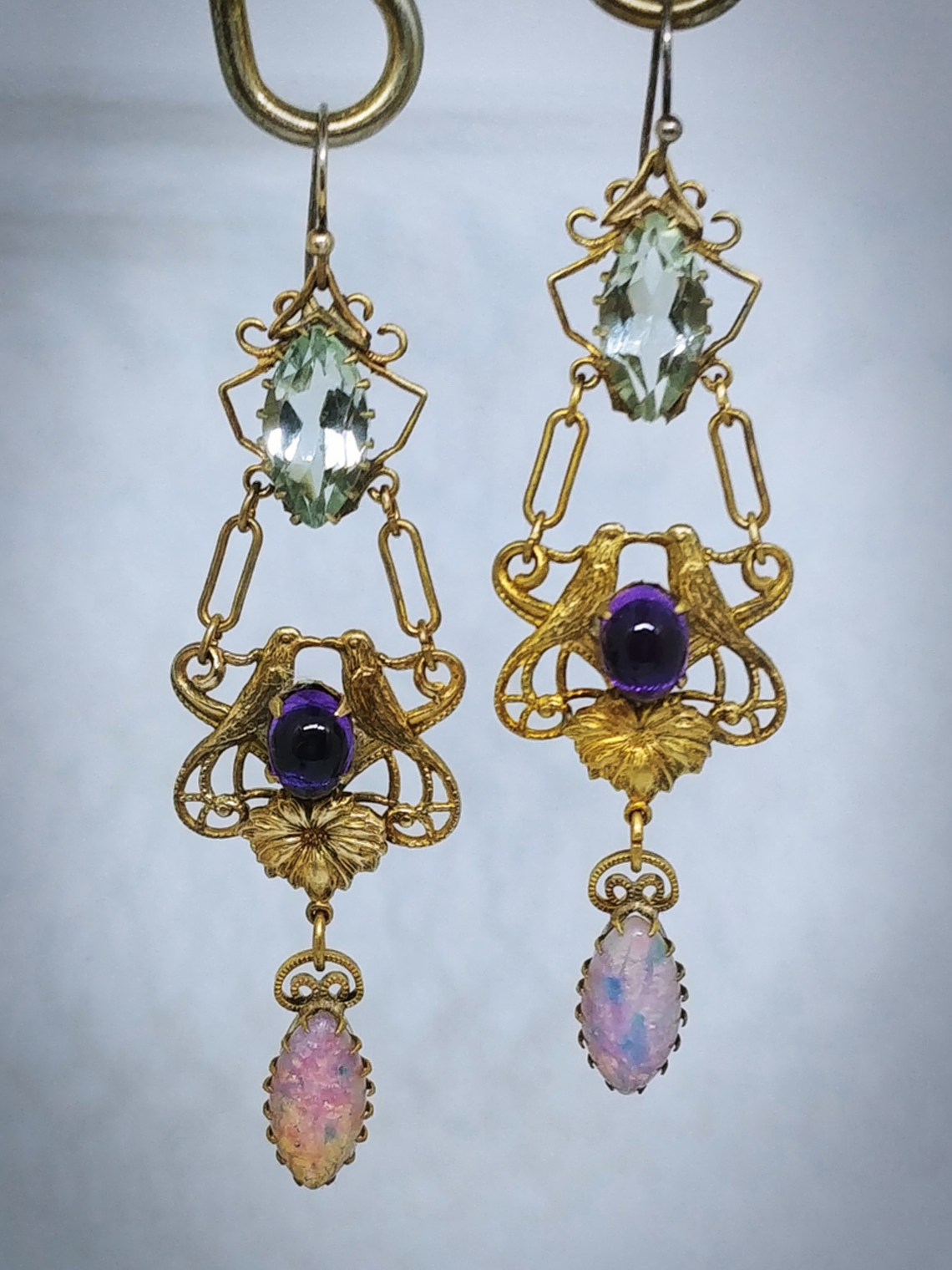RTS - Victorian inspired lovebirds with Genuine amethyst, prasiolite and glass opal earrings - Costume 5