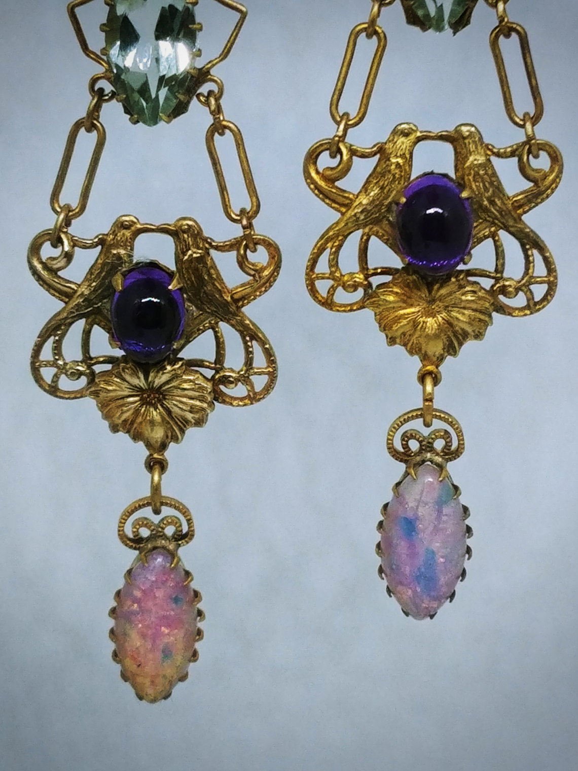 RTS - Victorian inspired lovebirds with Genuine amethyst, prasiolite and glass opal earrings - Costume 6