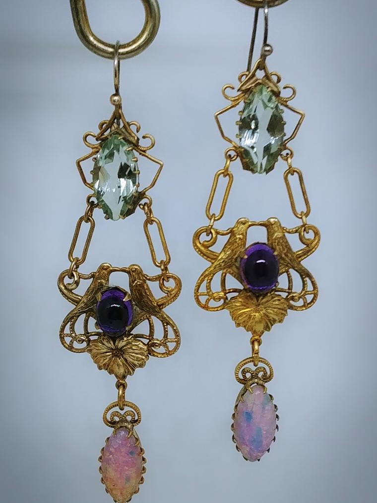 RTS - Victorian inspired lovebirds with Genuine amethyst, prasiolite and glass opal earrings - Costume 7