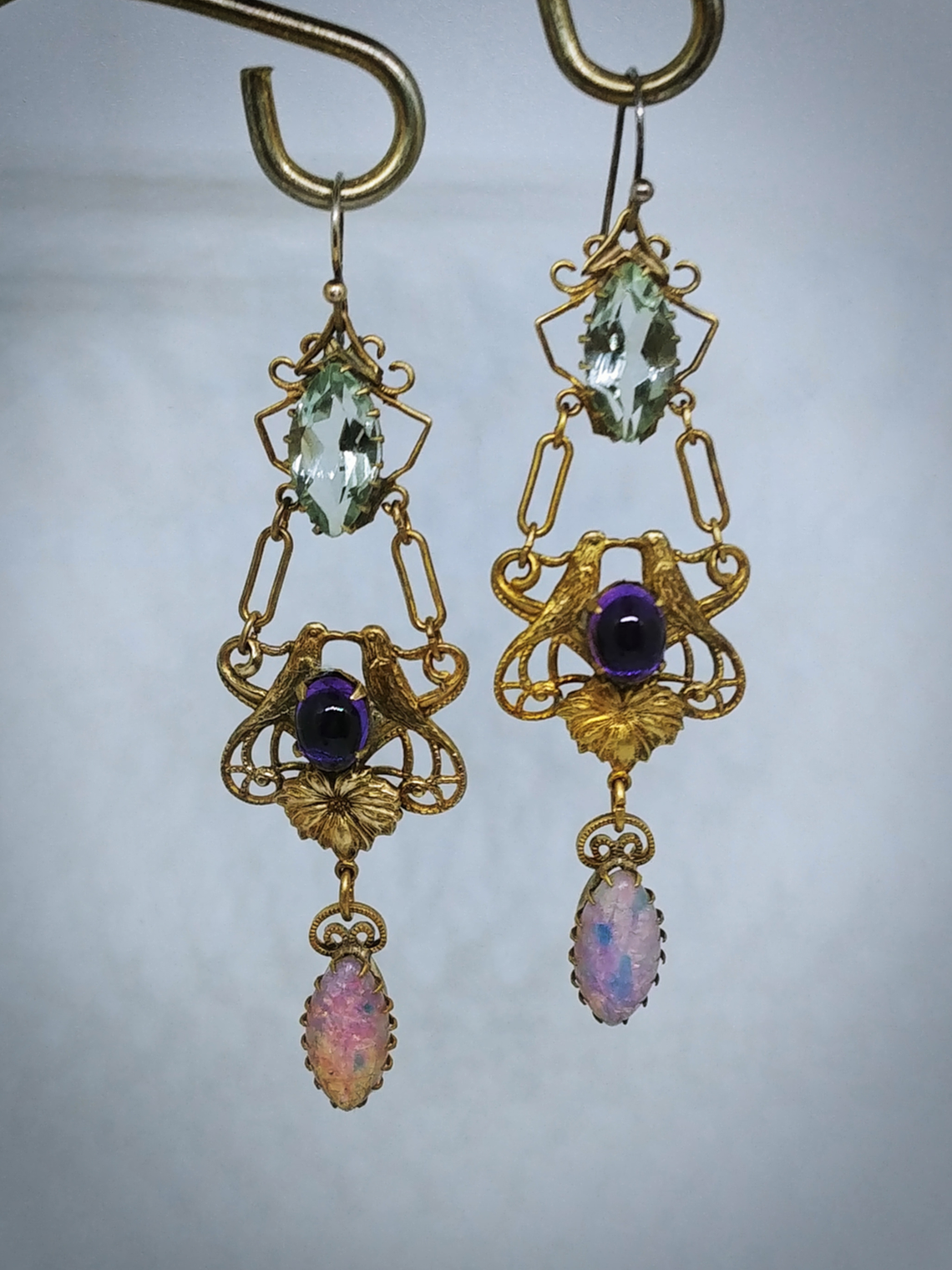 RTS - Victorian inspired lovebirds with Genuine amethyst, prasiolite and glass opal earrings - Costume 8