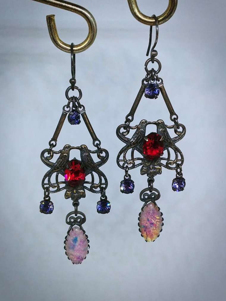 RTS - Gothic, Opal and tanzanite Victorian Love-bird earrings - Costume 1
