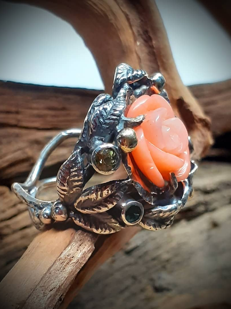 RTS - Sz 6.5 Carved genuine coral & Tanzanite ring - Sterling & 14k 3