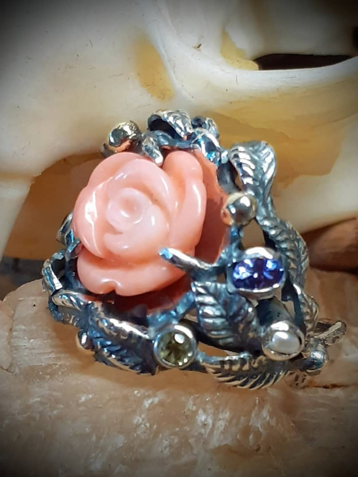 RTS - Sz 6.5 Carved genuine coral & Tanzanite ring - Sterling & 14k 2