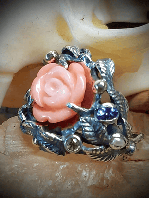 3ct Carved genuine coral & Tanzanite ring, size 6.25 - Sterling