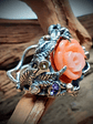 RTS - Sz 6.5 Carved genuine coral & Tanzanite ring - Sterling & 14k - thumbnail 6