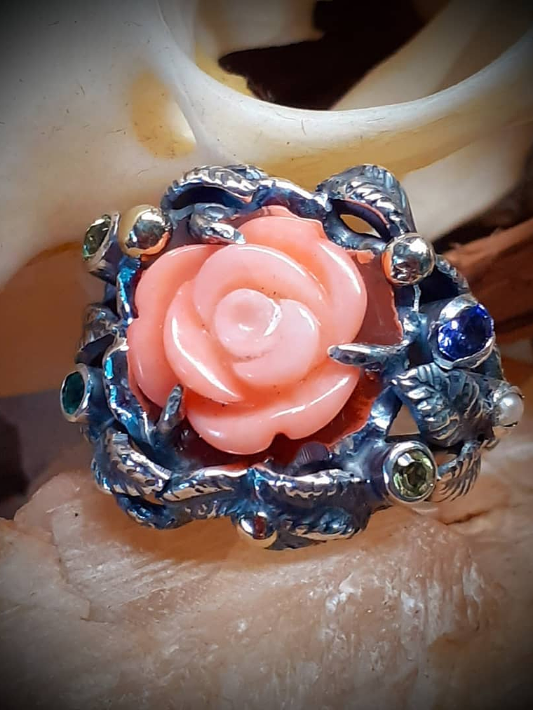 RTS - Sz 6.5 Carved genuine coral & Tanzanite ring - Sterling & 14k 1