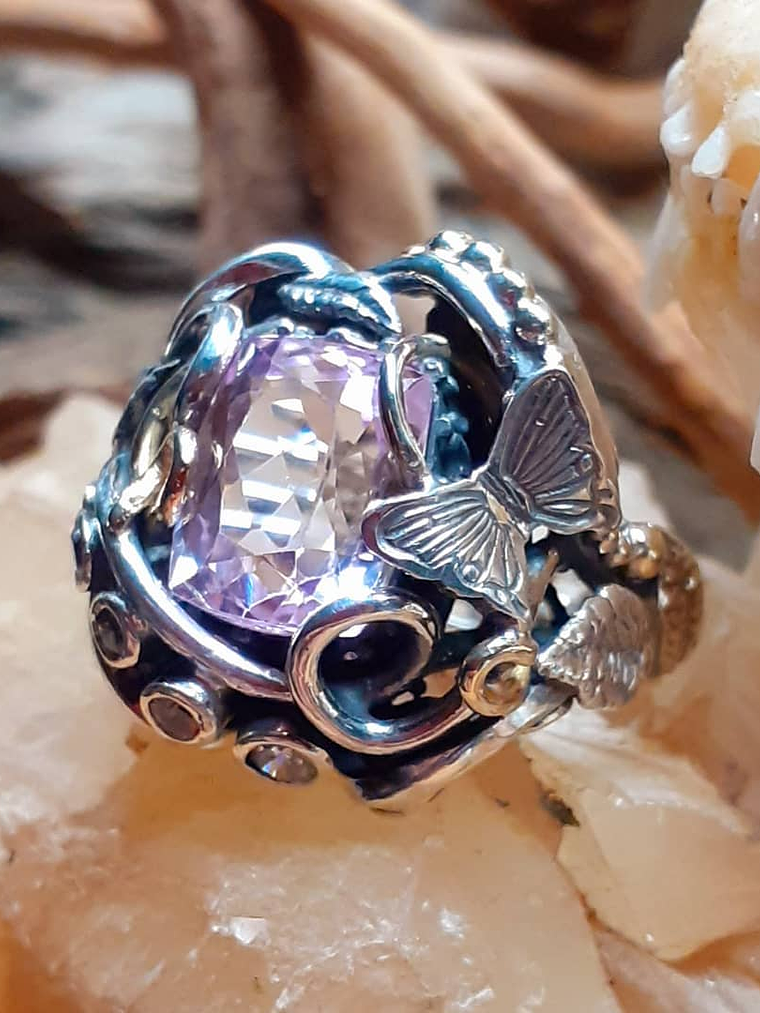 RTS - Sz 8.5 Kunzite sterling and gold Butterfly ring, Sterling & 14k - Video ⏯ 6