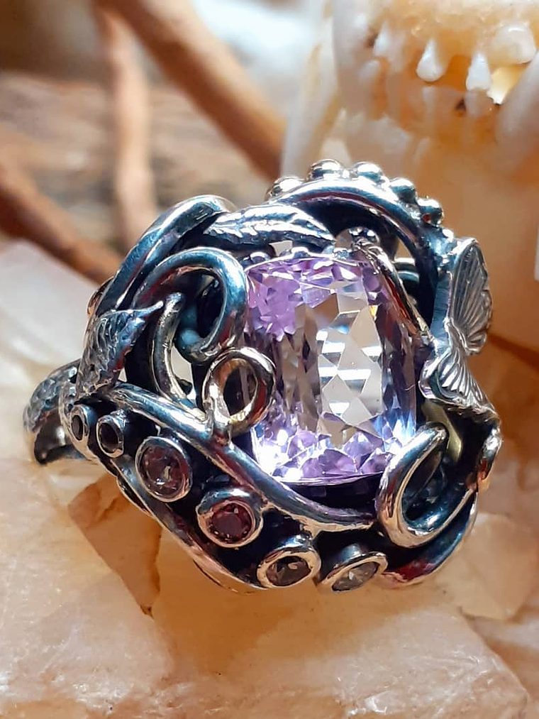 RTS - Sz 8.5 Kunzite sterling and gold Butterfly ring, Sterling & 14k - Video ⏯ 2