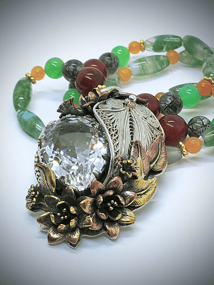 Filigree and quartz, moss agate necklace - Mixed metals