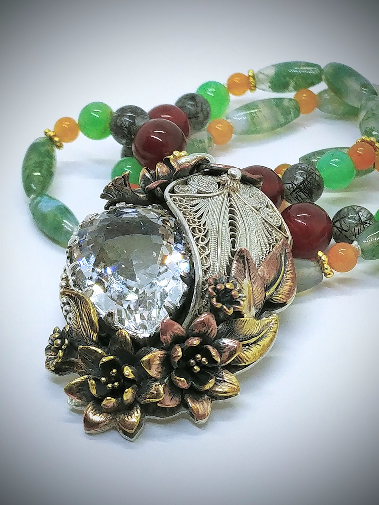 RTS - Silver Filigree and quartz, moss agate necklace - Mixed metals 1