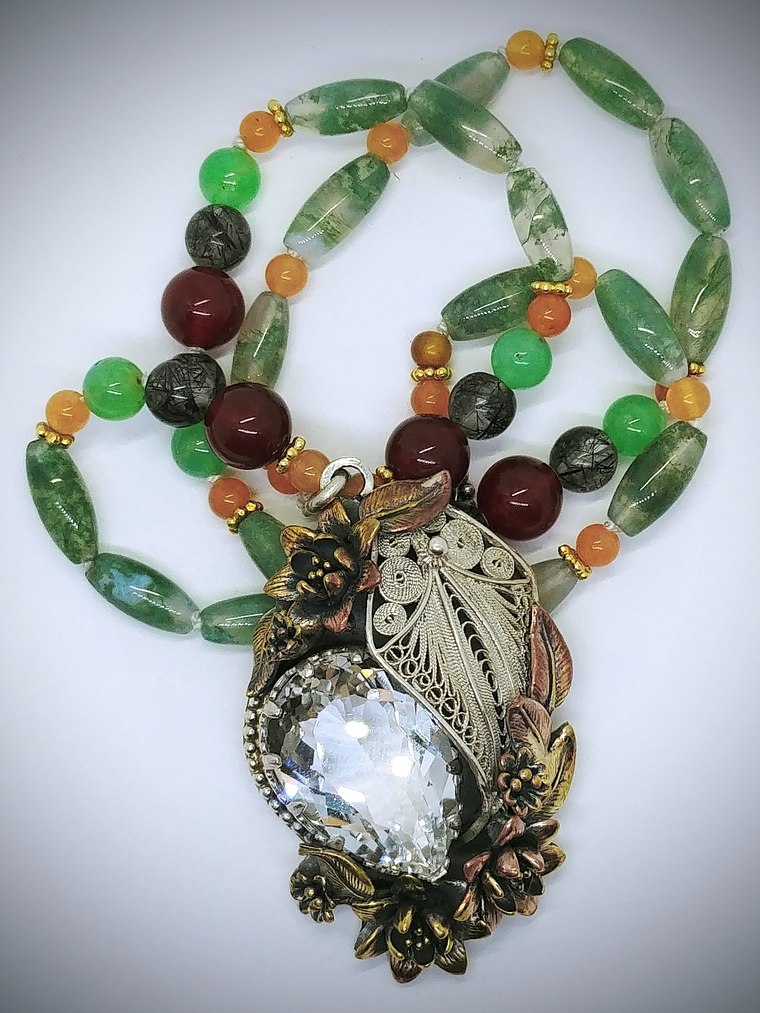 RTS - Silver Filigree and quartz, moss agate necklace - Mixed metals 2