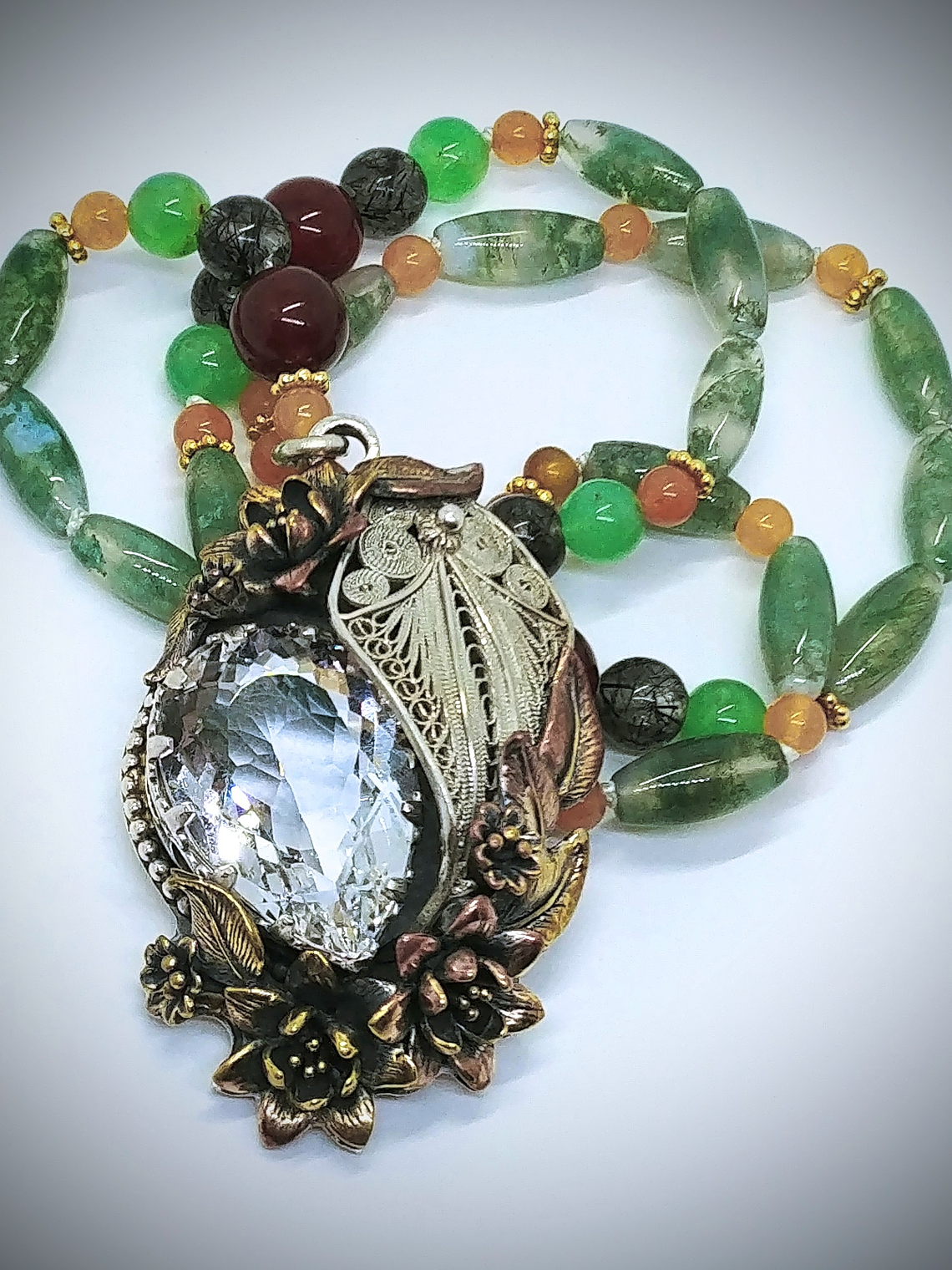 RTS - Silver Filigree and quartz, moss agate necklace - Mixed metals 6