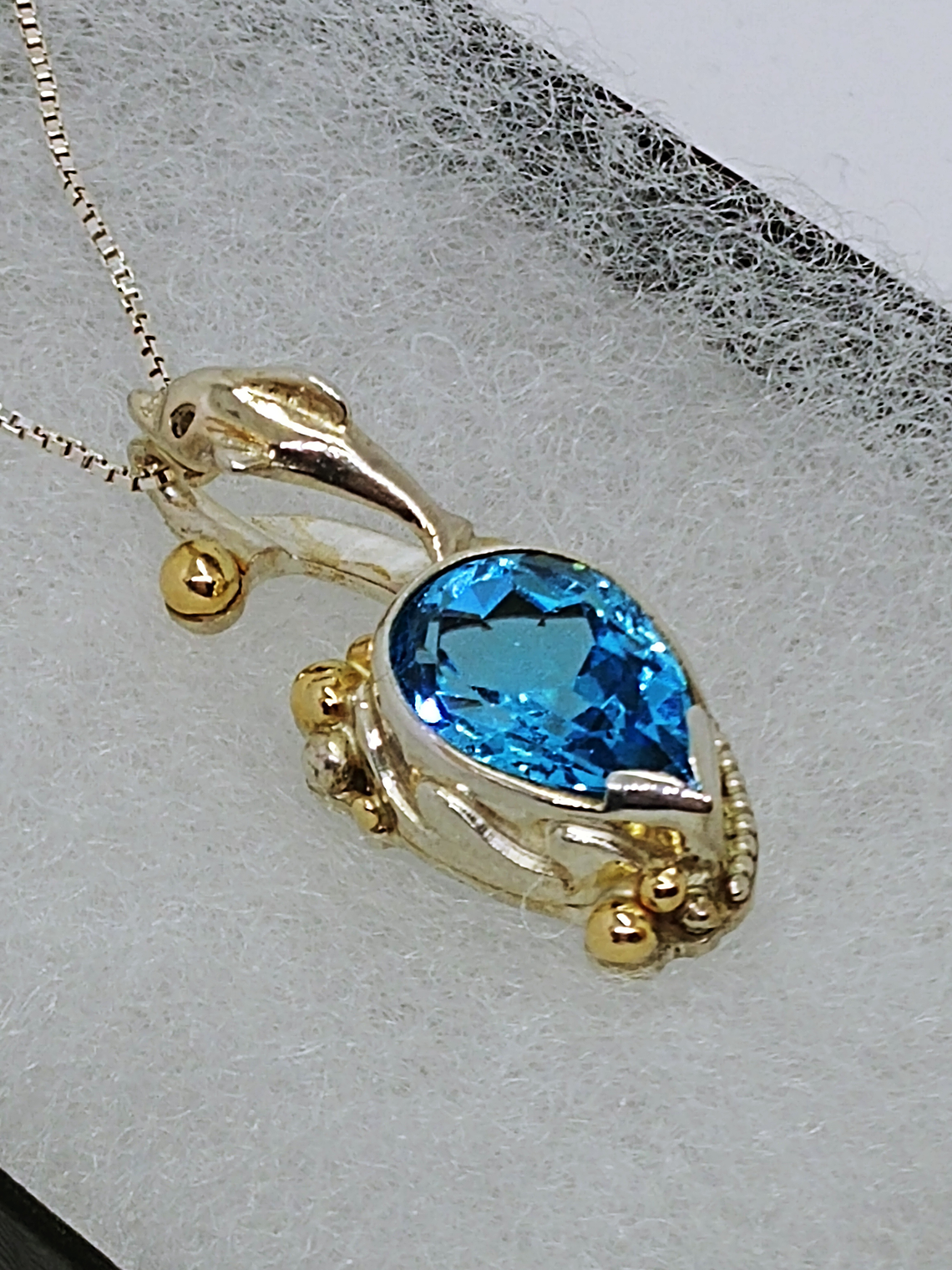 MTO - Sterling and gold, Blue topaz Dolphin pendant - Sterling 1