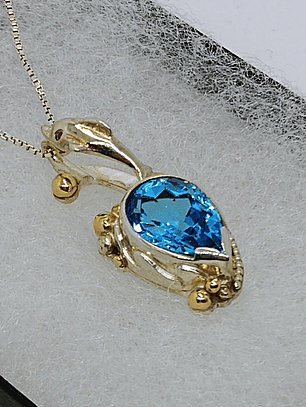 MTO - Sterling and gold, Blue topaz Dolphin pendant - Sterling