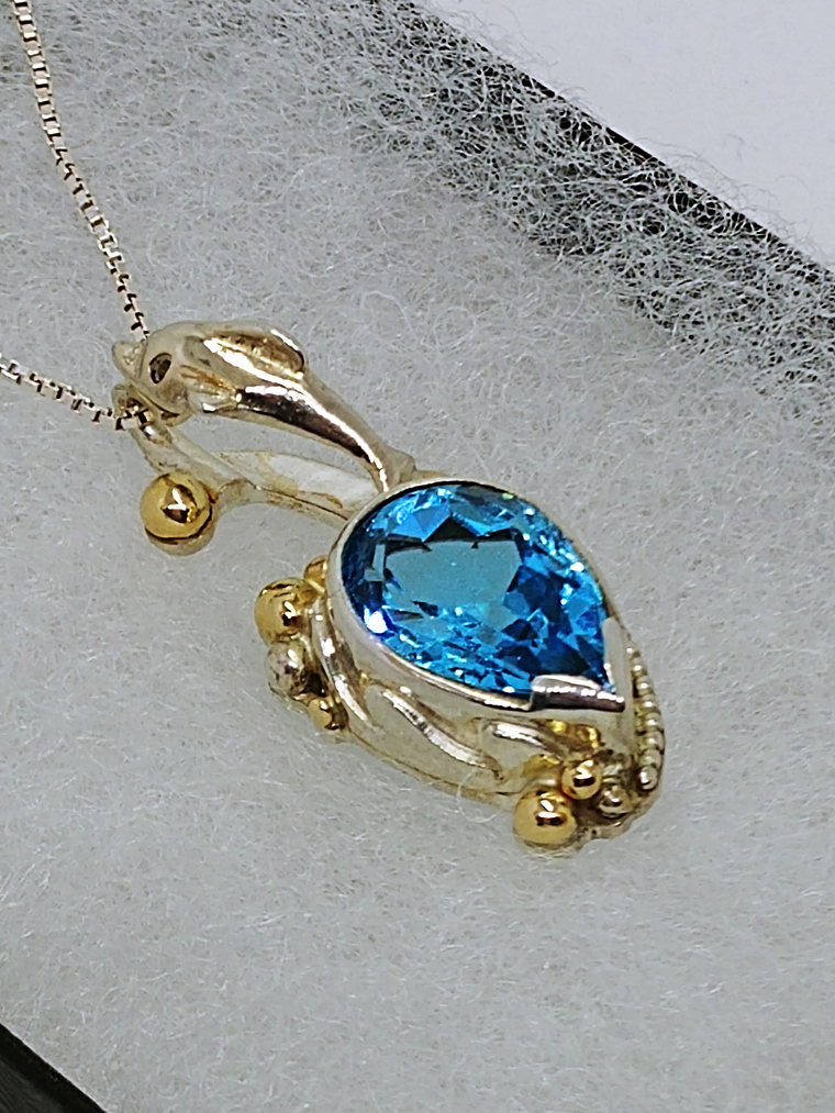 MTO - Sterling and gold, Blue topaz Dolphin pendant - Sterling 1
