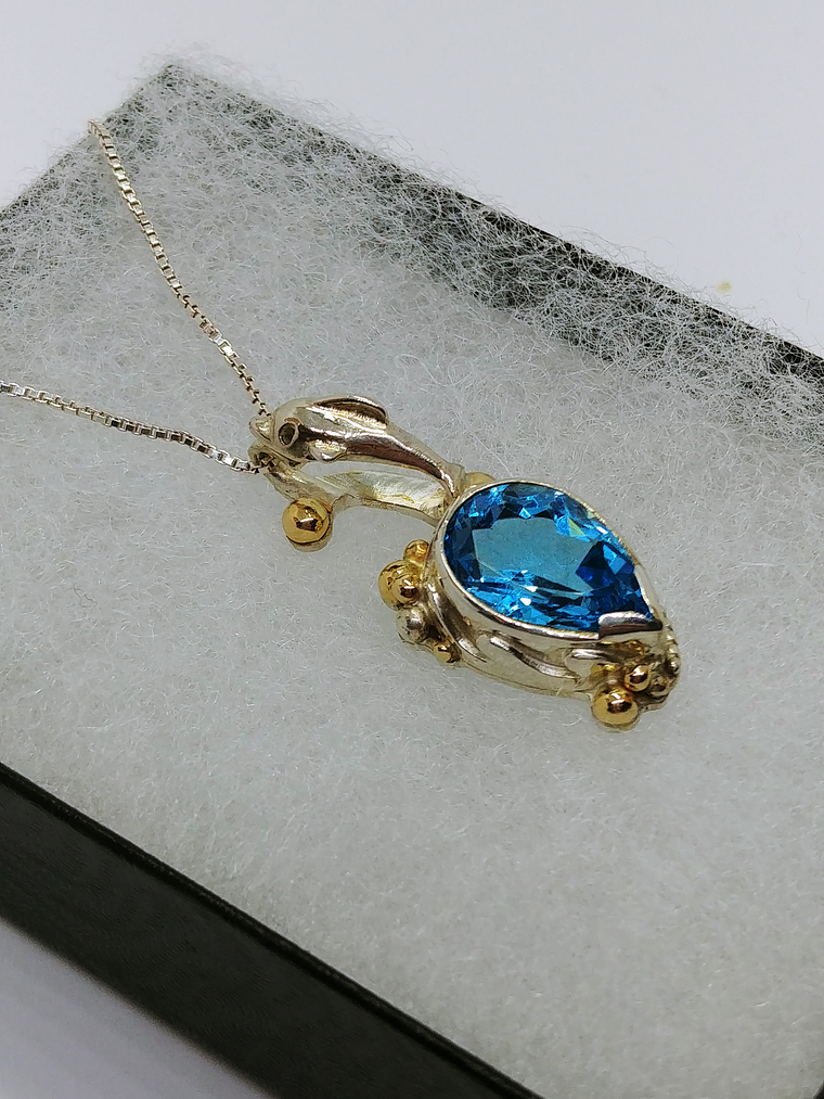 MTO - Sterling and gold, Blue topaz Dolphin pendant - Sterling 3