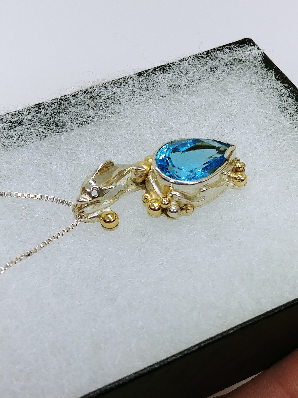 MTO - Sterling and gold, Blue topaz Dolphin pendant - Sterling 4