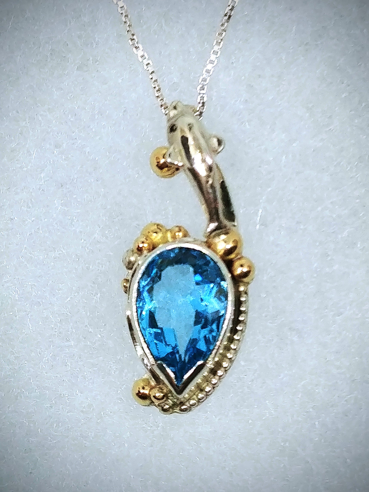 MTO - Sterling and gold, Blue topaz Dolphin pendant - Sterling 2