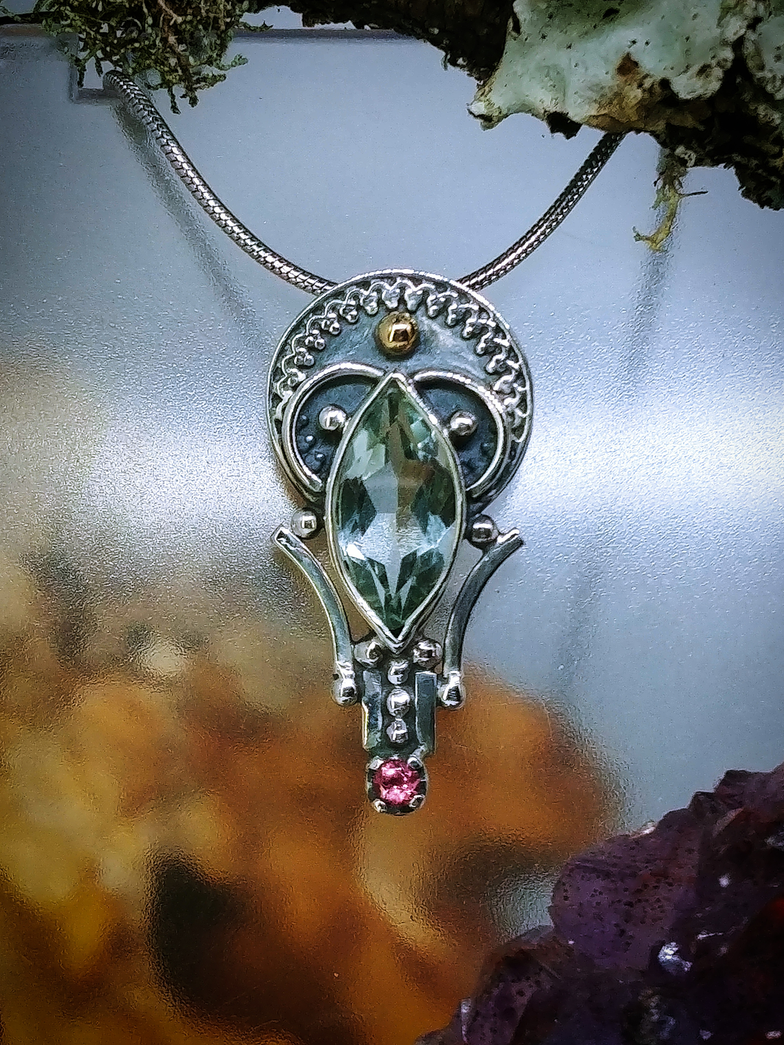 MTO - Boho style Prasiolite,pink tourmaline, sterling and gold necklace - Sterling 1