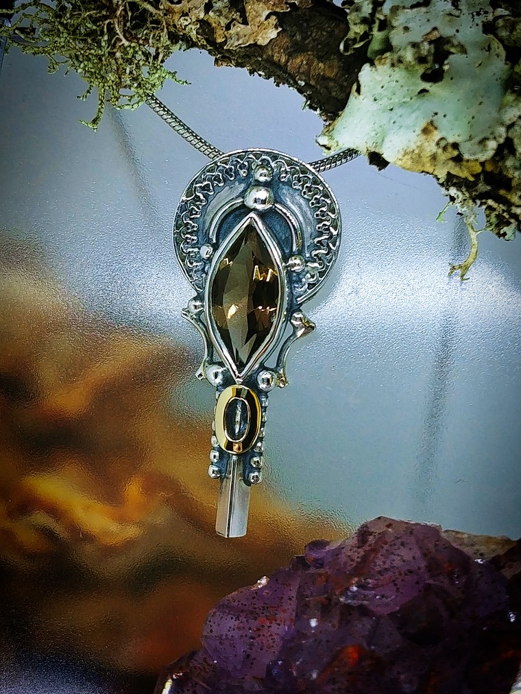 MTO - Boho style Smoky quartz, sterling & 14k gold necklace 2