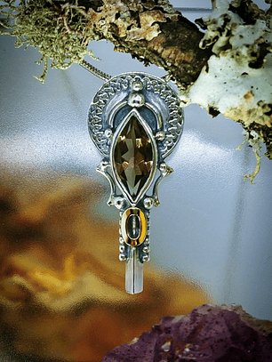 MTO - Boho style Smoky quartz, sterling & 14k gold necklace