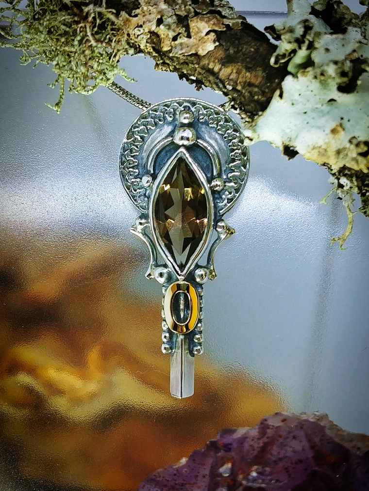MTO - Boho style Smoky quartz, sterling & 14k gold necklace 1