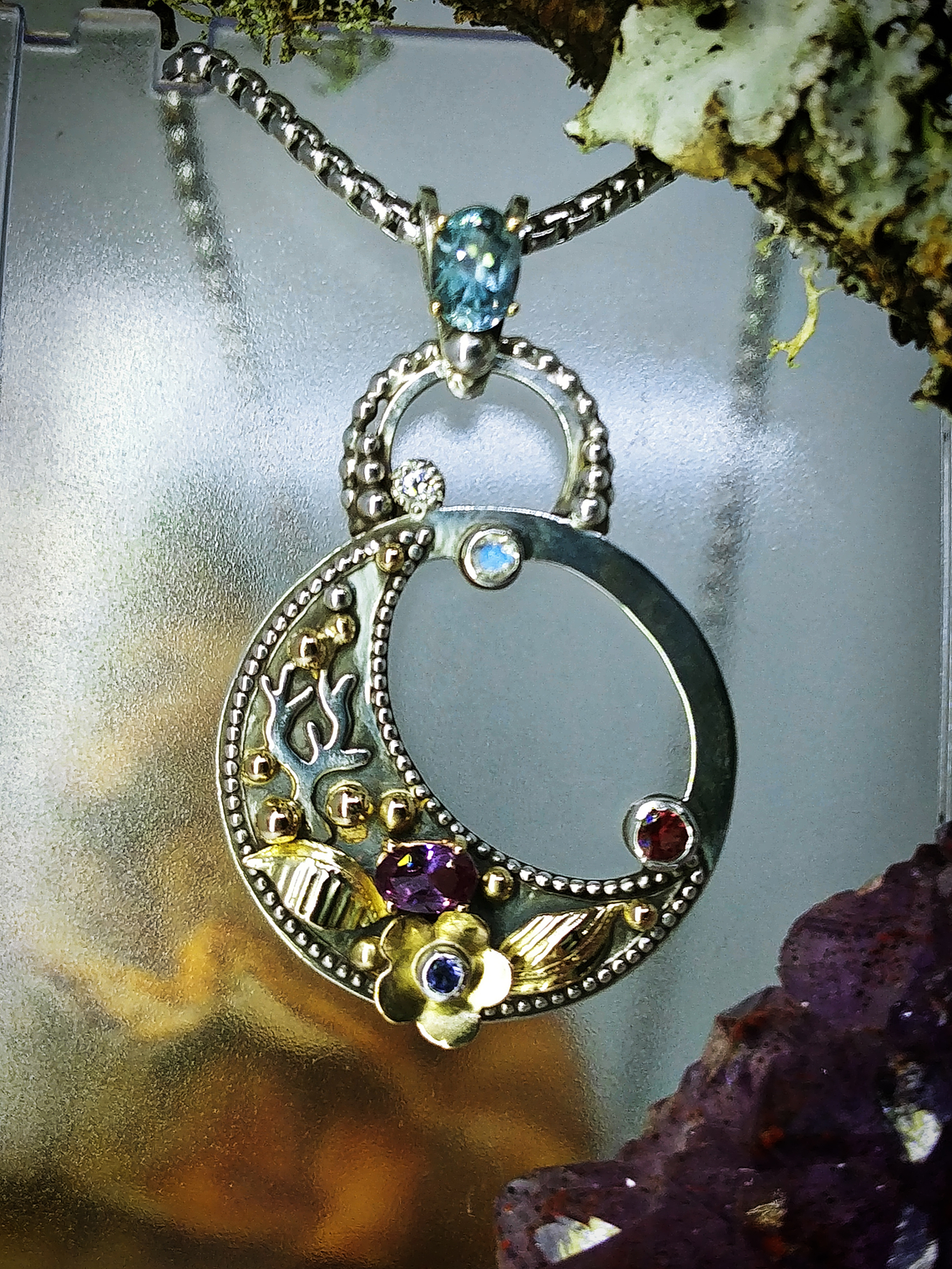 RTS - Alexandrite and moonstone, sterling & gold  Crescent 🌜moon necklace - Video 5