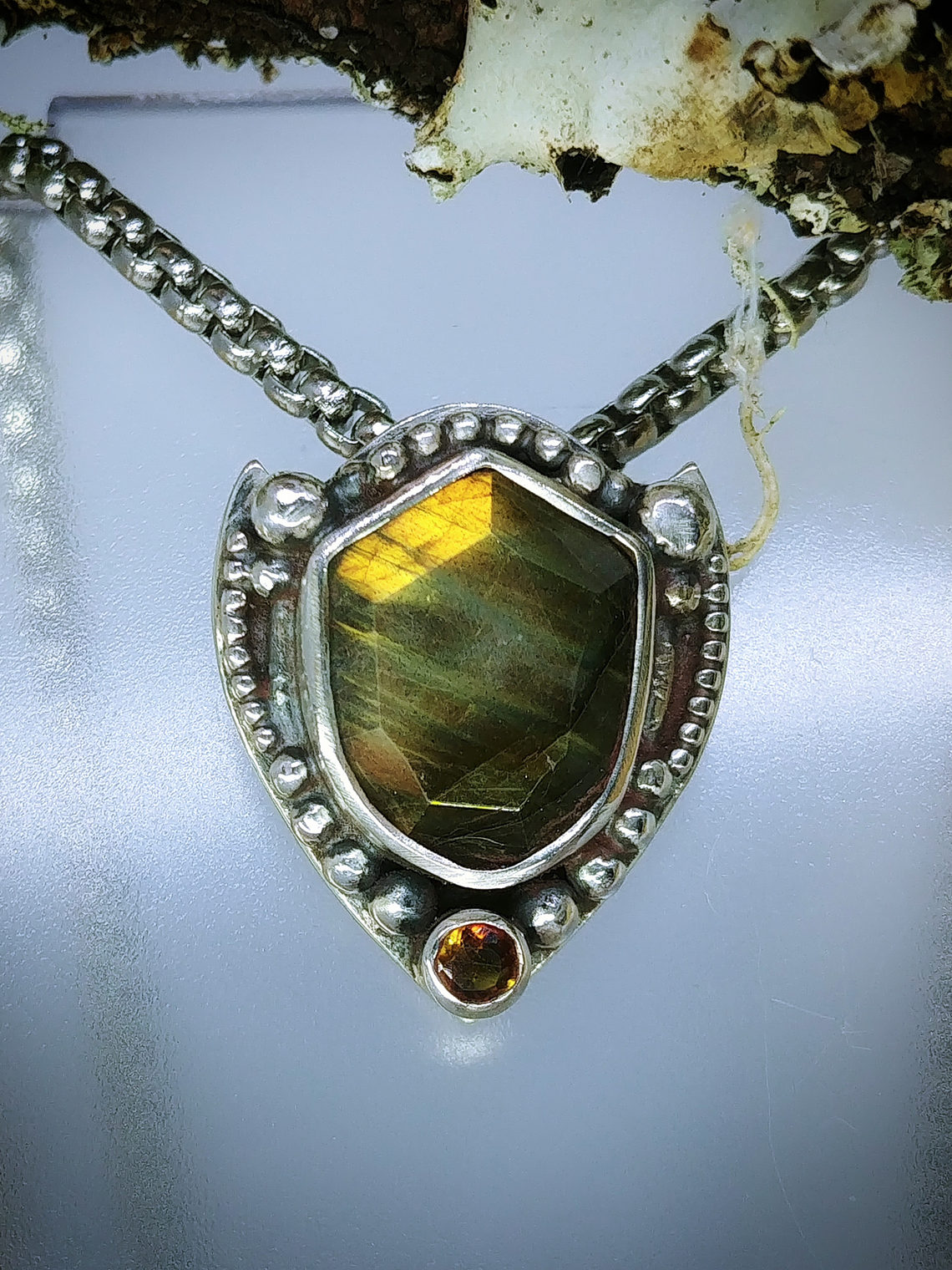 MTO - Labradorite & yellow tourmaline shield shape pendant - Sterling 5
