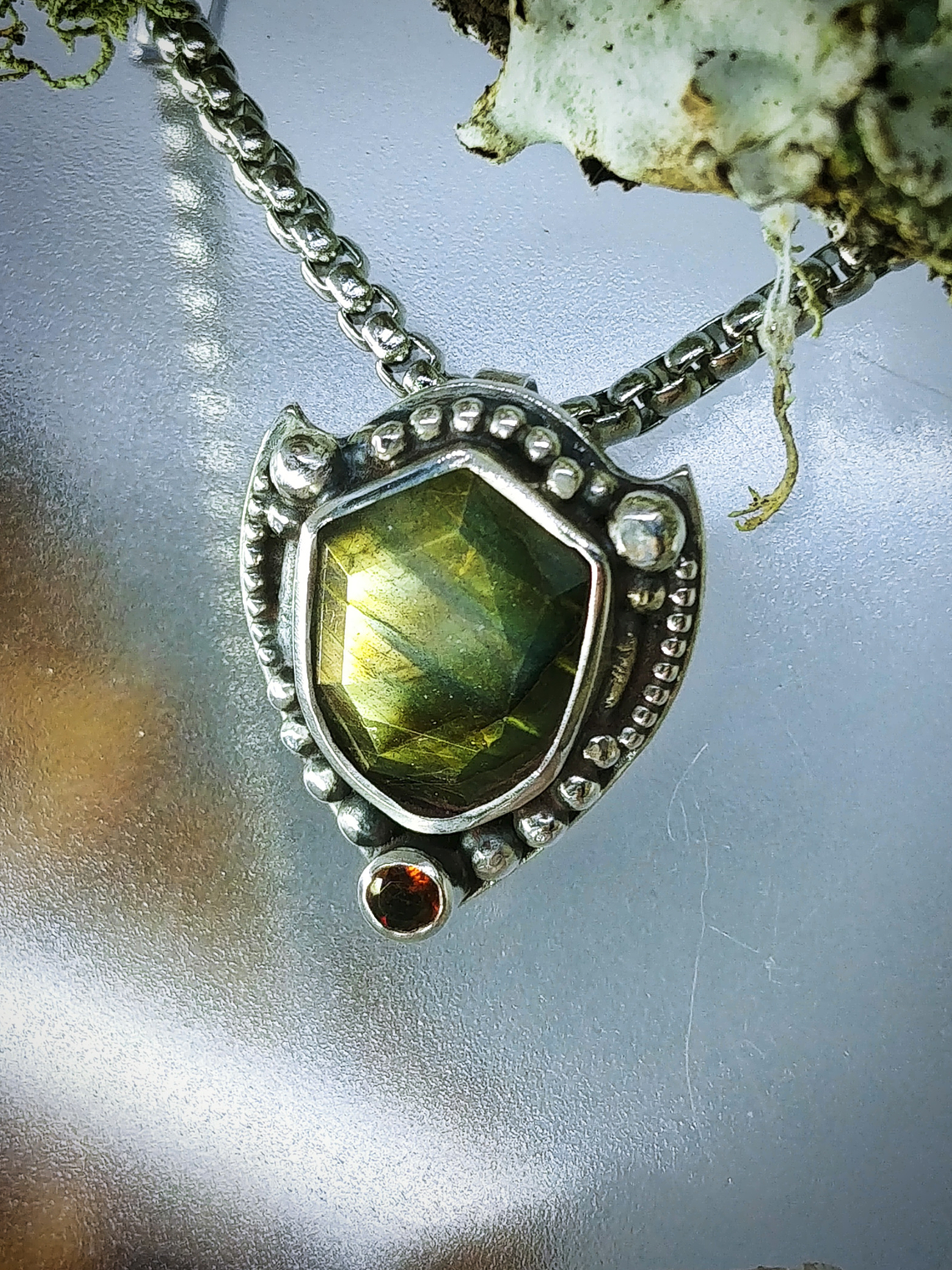 MTO - Labradorite & yellow tourmaline shield shape pendant - Sterling 6