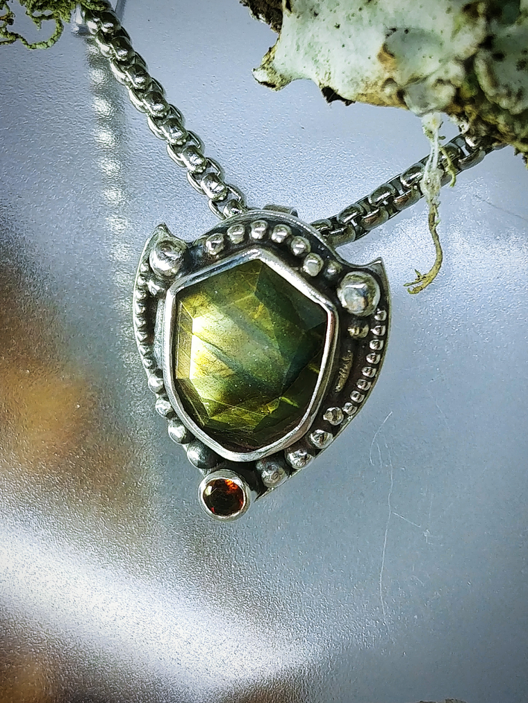 MTO - Labradorite & yellow tourmaline shield shape pendant - Sterling 6