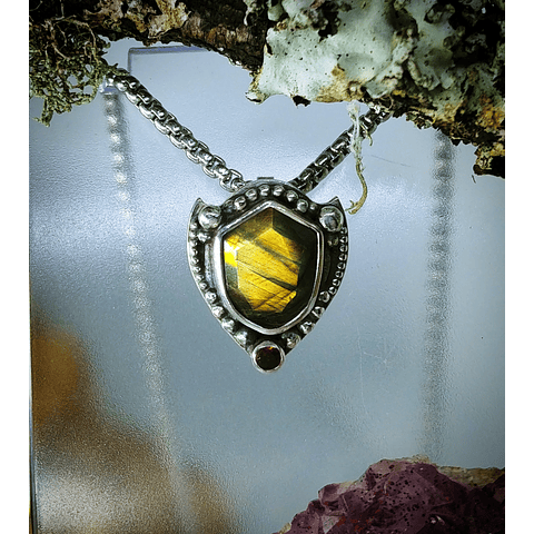 Labradorite & yellow tourmaline shield shape pendant